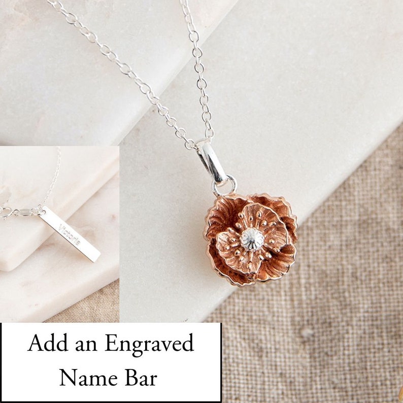 August Birth Flower Poppy Necklace Birthday Gift for Her Personalised Gift for Her Poppy Flower Necklace August Birthday Gift Idea engraved name bar