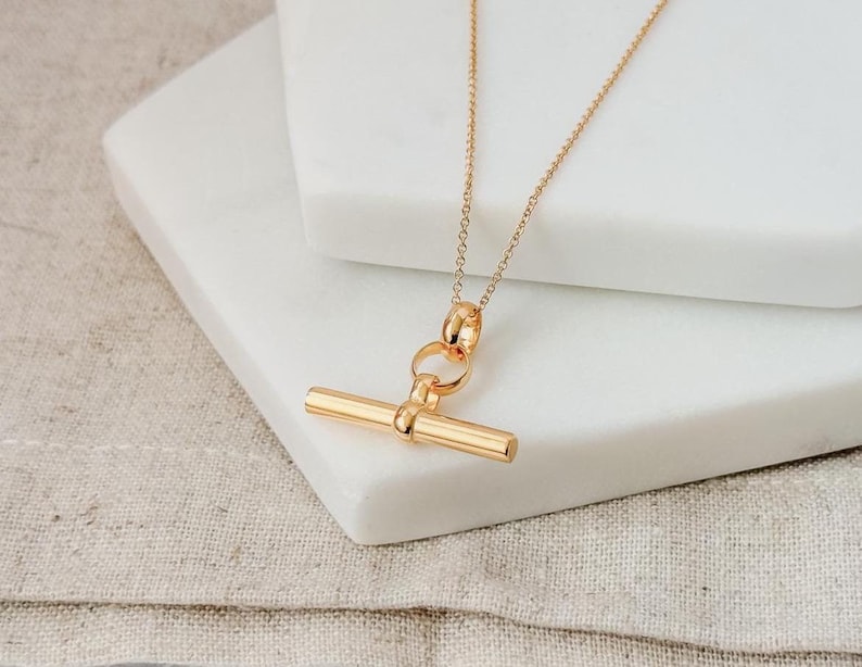 May include: A gold necklace with a simple bar pendant and a toggle clasp.