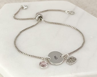 Cancer Silver Zodiac Bracelet - Personalised Jewelry Gift - June Birthday Gift for Her - July Birthday - Birthstone Bracelets for Women