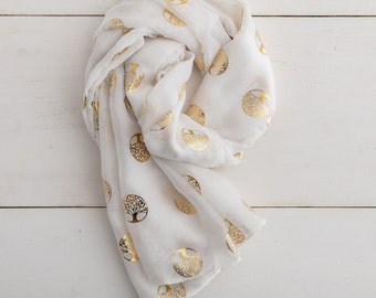 Personalised Gold Tree of Life Scarf - White Scarf - Personalized Mothers Day Gifts - Birthday Gifts for Her - Letterbox Gifts for Women