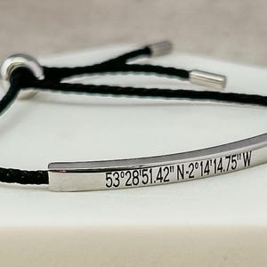 Engraved Coordinates Bracelet - Stainless Steel Bar, Adjustable Rope