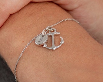 Anchor & Initial Bracelet - Silver Anchor Charm Bracelet - Nautical Jewelry - Personalised Gift for Travel Lovers - Ocean Inspired Jewellery