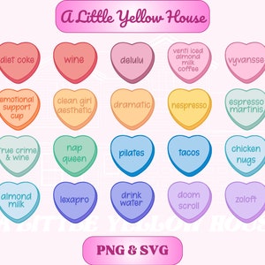 May include: A set of 16 heart-shaped candy conversation hearts with various phrases printed on them. The hearts are arranged in a grid of four rows and four columns. The hearts are in different colors, including pink, red, orange, yellow, green, blue, purple, and light blue. The phrases on the hearts include "diet coke", "wine", "delulu", "venti iced almond milk coffee", "vyvansse", "emotional support cup", "clean girl aesthetic", "dramatic", "nespresso", "espresso martinis", "true crime & wine", "nap queen", "pilates", "tacos", "chicken nugs", "almond milk", "lexapro", "drink water", "doom scroll", and "zoloft".