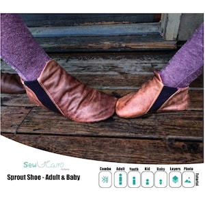 May include: A pair of brown leather Sprout Shoes, one adult and one baby size, with black elastic bands. The shoes are set against a rustic wooden background. The text "Sprout Shoe - Adult & Baby" is visible.