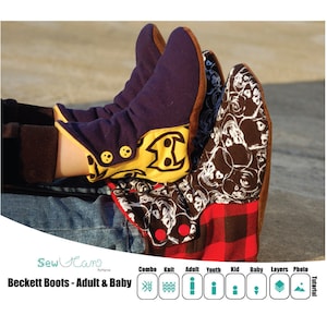 May include: A pair of purple and yellow knit boots with brown trim. The boots are worn by a person sitting down. The boots are part of a sewing pattern called "Beckett Boots - Adult & Baby".