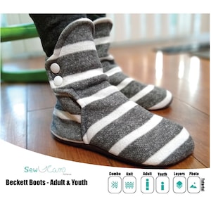 May include: Grey and white striped knitted boot with a white button fastening. The boot is suitable for adults and youth. The image includes the text "Beckett Boots - Adult & Youth".