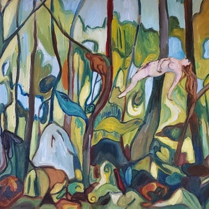 She dreams, magical forest series, witchy, surreal, landscape, figure, oil on canvas, Canadian artist, tracked free shipping to Canada andUS