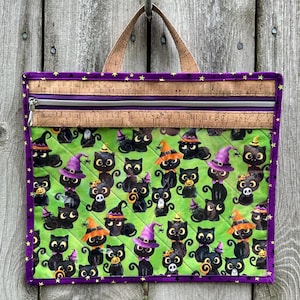 Medium Vinyl Front Project Bag - Kitty Trouble Halloween | cross stitch bag | embroidery bag | retreat bag | zipper bag -Handmade in the US