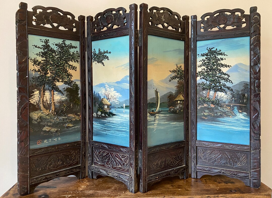 Japanese Hand Painted Folding Screenjapanese Decorative Table Top