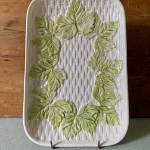 Vintage French Majolica Plate|Large Ivy Leaf Serving Plate|French Majolica Large Plate|Rectangular Majolica Plate| Green and White Plate