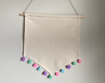 Pennant Flag Enamel Pin Badge Display Banner With Multi Pastel Colour Pom-pom Trim – UK seller