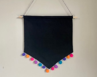 Black Pennant Flag Enamel Pin Badge Display Banner With Multi Colour Bright Pom-pom Trim – UK seller