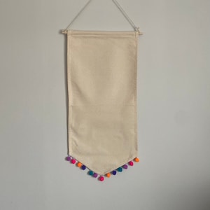 Large Pennant Flag Enamel Pin Badge Display Banner With Multi Colour Bright Pom-pom Trim – UK seller