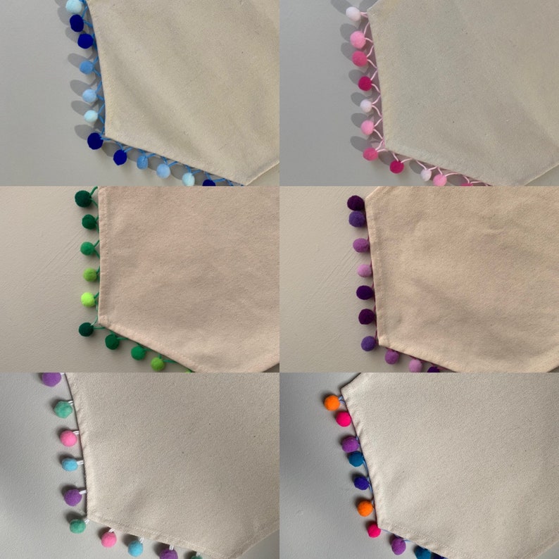 May include: Six table runners with different colored pom-pom trim. The table runners are all a natural beige color and have a hexagonal shape.