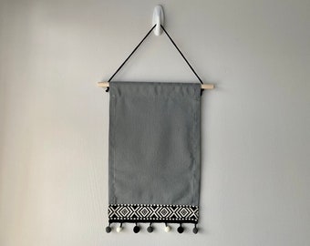 Tall Grey Enamel Pin Badge Display Banner With Two Tone Woven Aztec Geometric Pattern & Pom-pom Trim – UK seller