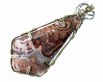 Crazy Lace Agate Wire Wrapped in Sterling Silver and 14 K Gold Filled Wire: With or Without chain- Gold Silver or Leather