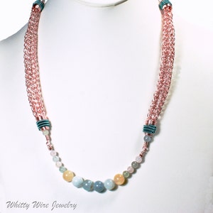 Rose Gold Colored Viking Knit Necklace with Beryl Stone Beads and Teal accents image 1