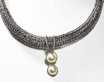 Silver Viking Knit Necklace with Pearls: Wire Wrapped Removable Pearl Pendant