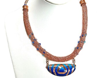 Copper Wire Crochet Necklace with Blue Glass Beads and Hand Colored Pendant with Double Chain and Lobster Clasp