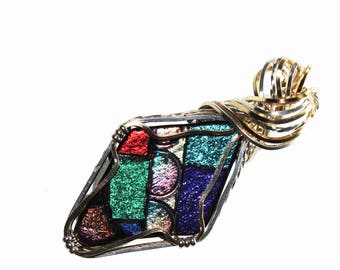 Patchwork Dichroic Glass Pendant: etched and wrapped in Sterling Silver and 14K Gold Filled wires