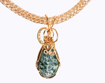 Gold Wire Wrap Moss Agate Stone Pendant with or without Gold Viking Knit Chain