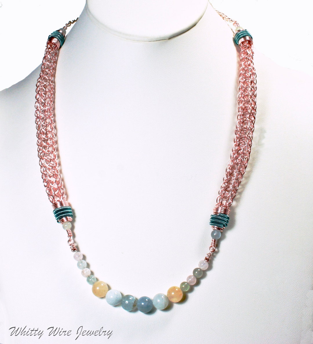 Rose Gold Colored Viking Knit Necklace With Beryl Stone Beads - Etsy
