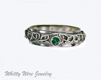 Fine Silver Filigree Ring with Green Stone, One of a Kind; size 7