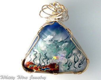 Handprinted 3D Design Fused Glass Pendant Wire Wrapped in a Sterling Silver and Gold Filled Bezel