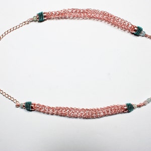 Rose Gold Colored Viking Knit Necklace with Beryl Stone Beads and Teal accents image 3