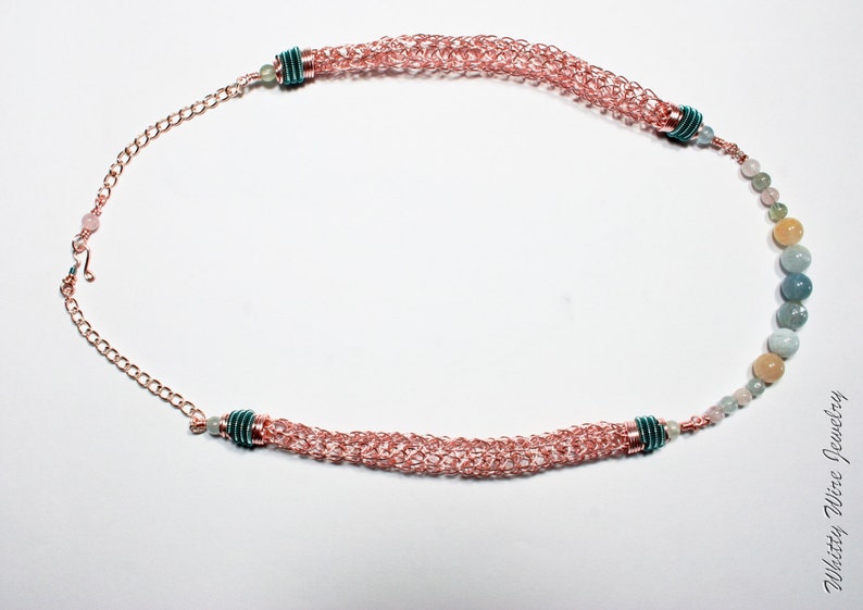 Rose Gold Colored Viking Knit Necklace with Beryl Stone Beads and Teal accents image 3