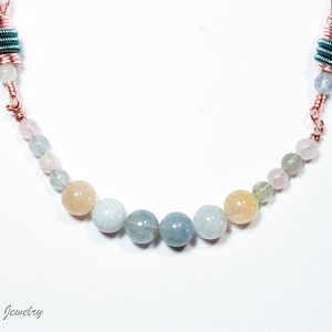 Rose Gold Colored Viking Knit Necklace with Beryl Stone Beads and Teal accents image 2