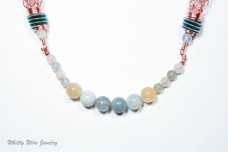 Rose Gold Colored Viking Knit Necklace with Beryl Stone Beads and Teal accents image 2