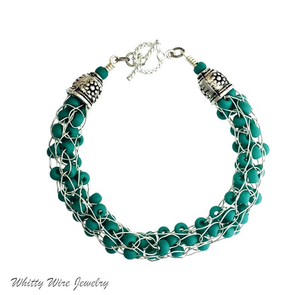 Knitted Silver Wire Bracelet with Turquoise Glass Beads: Custom Lengths and Choice of Clasps