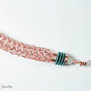 Rose Gold Colored Viking Knit Necklace with Beryl Stone Beads and Teal accents image 4