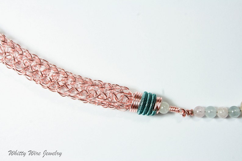 Rose Gold Colored Viking Knit Necklace with Beryl Stone Beads and Teal accents image 4