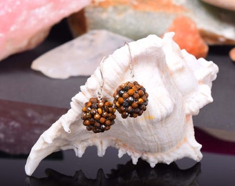 Tiger Eye Gemstone Sterling Silver Earrings, Handmade Dangle Jewelry