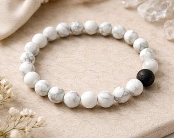 White Howlite Round Bracelet with Black Lava Bead | Calm & Balance Crystal Bracelet | Healing Stone Jewelry | Meditation Yoga Gift