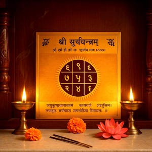 Op de afbeelding: Een goudkleurig omlijst Surya Yantra met Sanskriet tekst en een centraal geometrisch ontwerp. Twee messing olielampen met brandende vlammen flankeren het frame, samen met oranje bloemen, wierookstokjes en een roze lotusbloem. De achtergrond is een warme, houten tint.