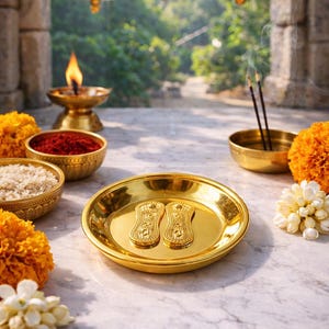 Shri Lakshmi Charan Paduka, Golden Brass Laxmi Feet, Prayers Meditation