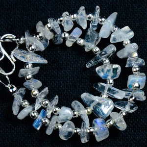 Natural White Rainbow Moonstone Tumble Nugget Uncut Chips Gemstone 7 &quot; Beaded Bracelet 925 Sterling Silver Clasp Balls Jewelry N-1360