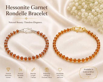 Hessonite Garnet Rondelle Bracelet, 925 Sterling Silver, Gold Plated, Faceted Gemstone Jewelry