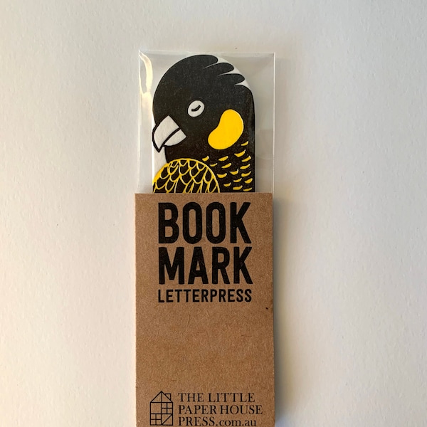 Yellow tailed black cockatoo bookmark letterpress