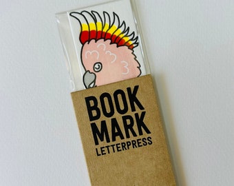 Pink cockatoo bookmark letterpress