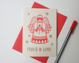 Peace & Love angel letterpress greeting card