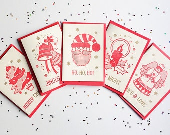 Five pack of Christmas letterpress greeting cards