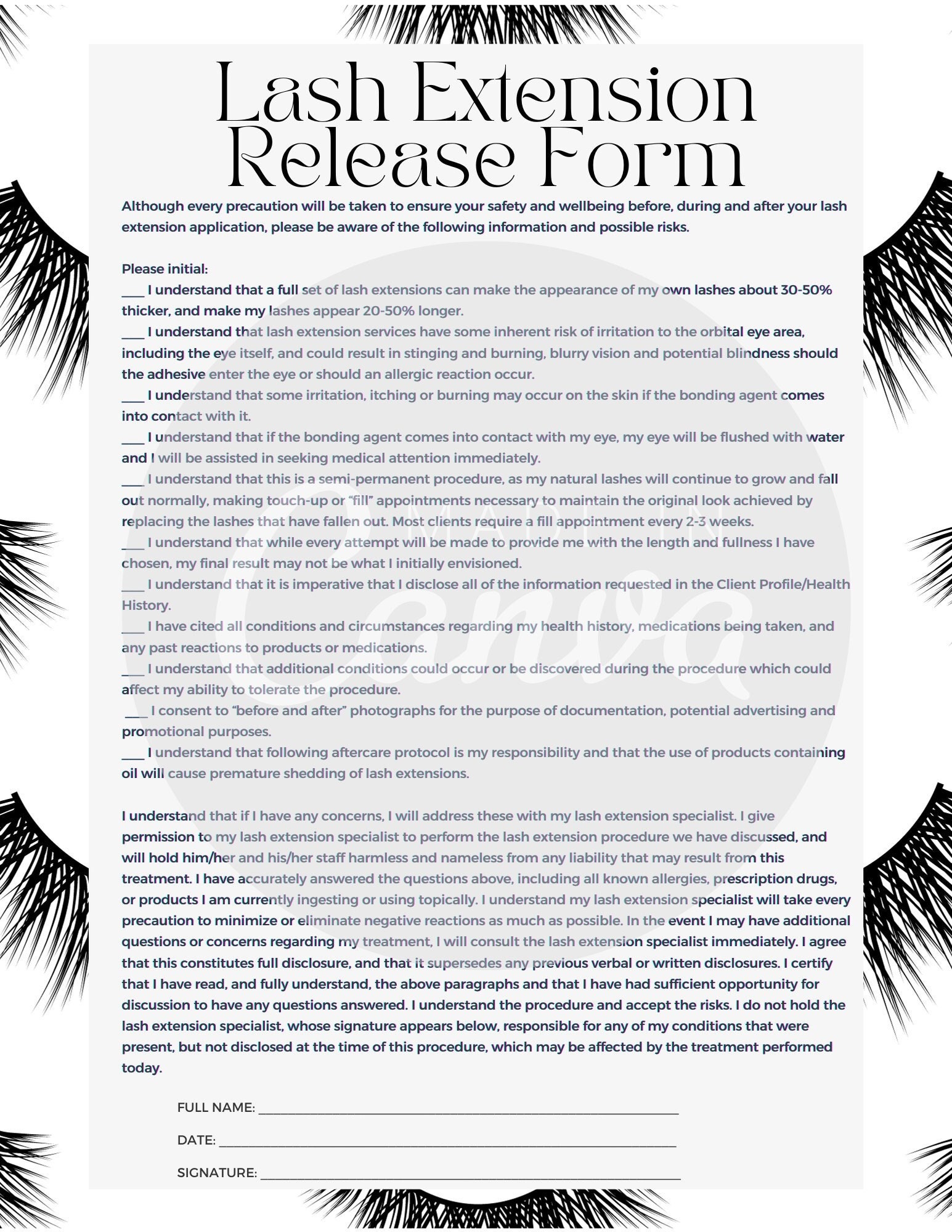 Lash Extension Release Form - Etsy