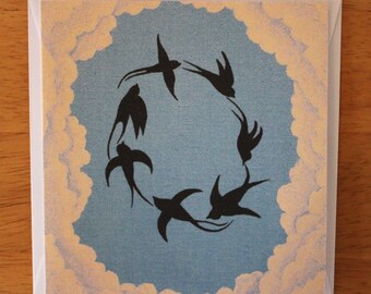 Greetings card: Swallows in flight