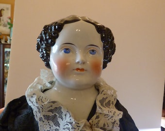 HUGE 35&quot; Kestner 1860s Antique China Head Doll Curly Flat Top, china arms, Designer Dress China Arms MINT