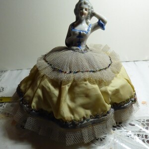 Beautiful Antique German Half Doll Pin Cushion 7&quot; tall w/Marie Antoinette- beaded dress/tulle