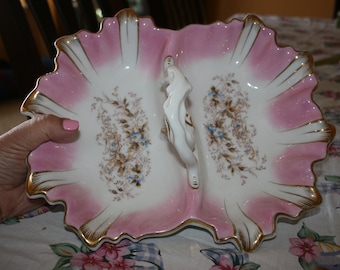 Gorgeous 19THC Antique KPM early Sceptre Mark PINK White Gold Porcelain Divided Lobster Bowl